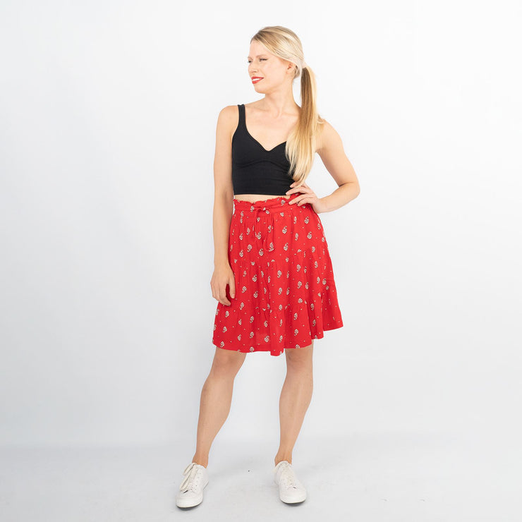Next Red Floral Elasticated Waist Flare Casual Summer Tiered Short Skirts - Quality Brands Outlet