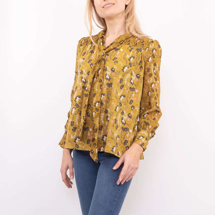 White Stuff Tamina Yellow Floral Print Long Sleeve Tine-Neck Tops-Quality Brands Outlet-