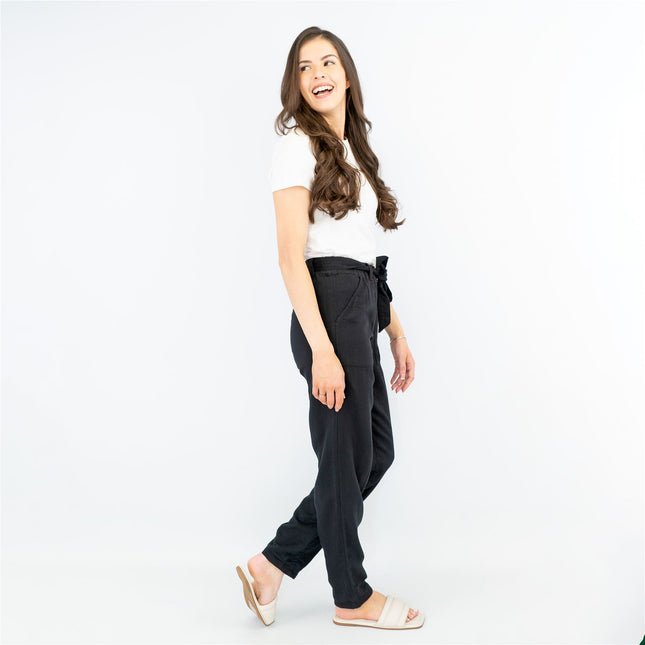M&S Pure Cotton Tapered Ankle Grazer Elasticated Waist Black Trousers-Quality Brands Outlet-