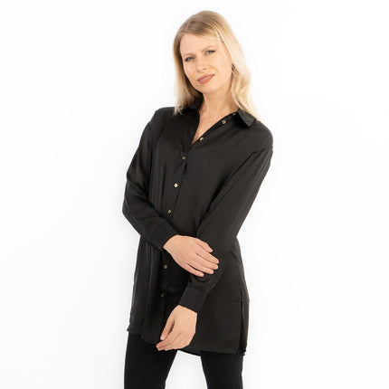 Coast Black Drap Satin Longline Long Sleeve Tunic Shirt-Quality Brands Outlet-