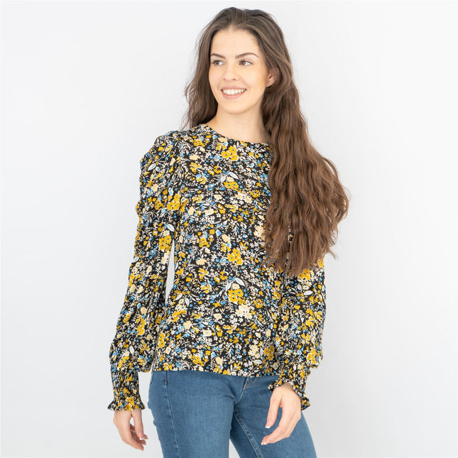 M&Co Black Floral Tops Long Sleeve Round Neck Elasticated Cuffs-Quality Brands Outlet-