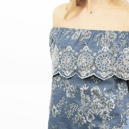 Blue Embroidered Off Shoulder Tunic Longline Women's Tops-Quality Brands Outlet-