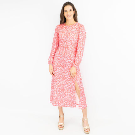 Oasis Pink Long Sleeve Floral Print Slit Summer Long Midi Dresses-Quality Brands Outlet-