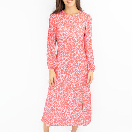 Oasis Pink Long Sleeve Floral Print Slit Summer Long Midi Dresses-Quality Brands Outlet-