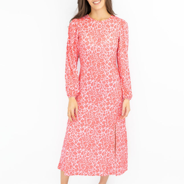 Oasis Pink Long Sleeve Floral Print Slit Summer Long Midi Dresses