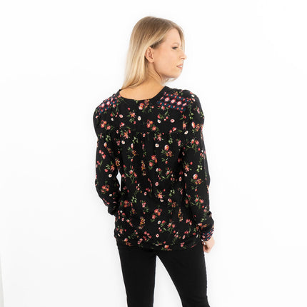 Black Floral Long Sleeve Relaxed Fit Shirts Button-Up Women's Tops-Quality Brands Outlet-