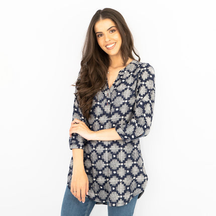 White Stuff Navy Geo Print 3/4 Sleeve Lightweight Relaxed Tunics-Quality Brands Outlet-