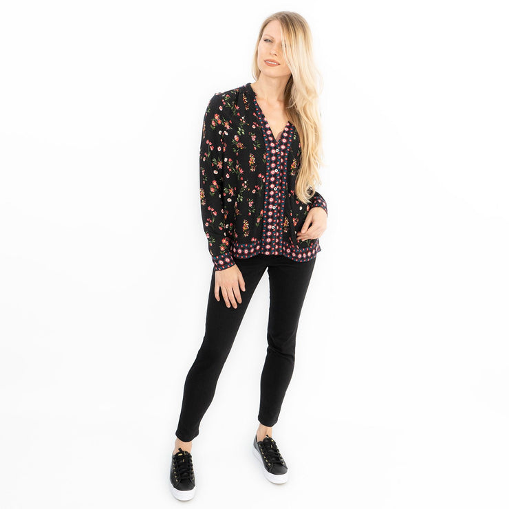 Black Floral Long Sleeve Relaxed Fit Shirts Button-Up Women&