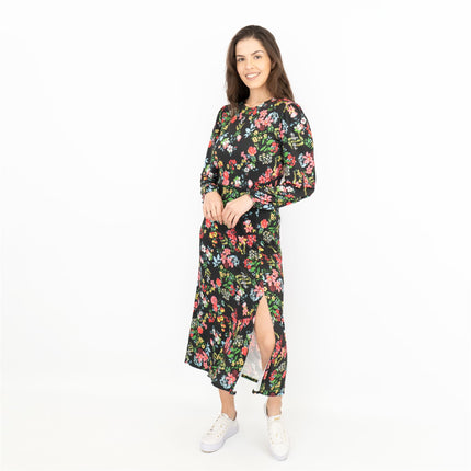 Oasis Slinky Black Jersey Floral Long Sleeve Split Midi Dress-Quality Brands Outlet-