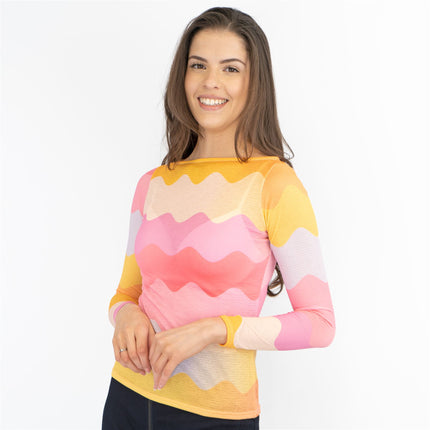 Coast Pink Chevron Print Long Sleeve Boat Neck Mesh Tops-Quality Brands Outlet-