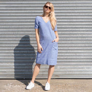 M&S Linen Blend Blue Chambray Short Sleeve Shift Dress