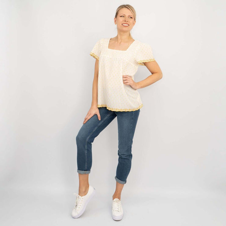 Catherine Swiss Dot Short Sleeve Ivory Embroidered Loose Tops