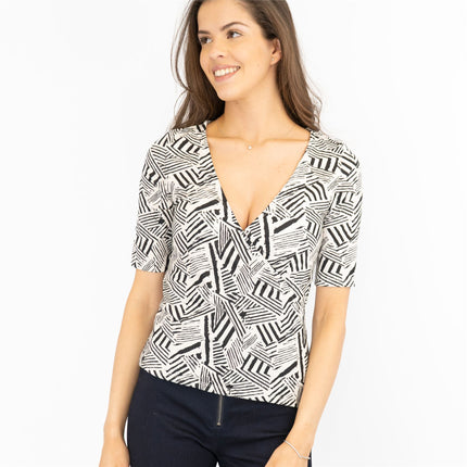 Karen Millen Black & White Geo Print V-Neckline Short Sleeve Tops - Quality Brands Outlet