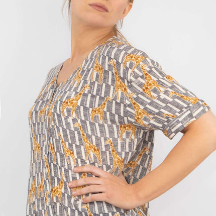 Giraffe Print Short Sleeve Relaxed Fit Tie-Knot Women's Summer Tops-Quality Brands Outlet-