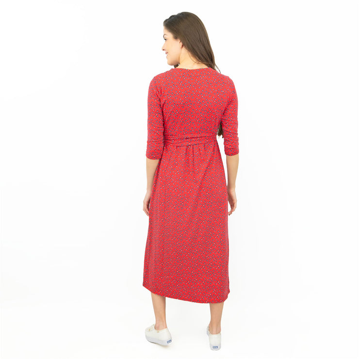 Frugi Jolie Red Maternity & Nursing Cross Wrap 3/4 Sleeve Midi Dresses
