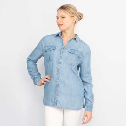 Blue Chambray Soft Linen Rich Long Sleeve Shirt Button-Up Tops-Quality Brands Outlet-