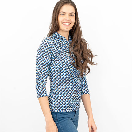 Karen Millen Blue Geometric Print KM Logo Short Sleeve Tops-Quality Brands Outlet-