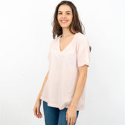 Hush Light Pink V-Neck Short Sleeve Linen Blend Tops