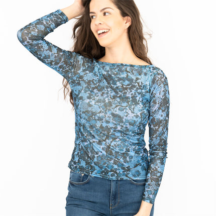 Coast Blue Floral Long Sleeve Boat Neck Mesh Tops-Quality Brands Outlet-
