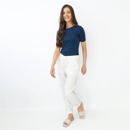 M&S Pure Cotton Tapered Ankle Grazer Elasticated Waist White Trousers-Quality Brands Outlet-