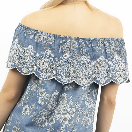 Blue Embroidered Off Shoulder Tunic Longline Women's Tops-Quality Brands Outlet-