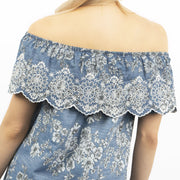 Blue Embroidered Off Shoulder Tunic Longline Women's Tops