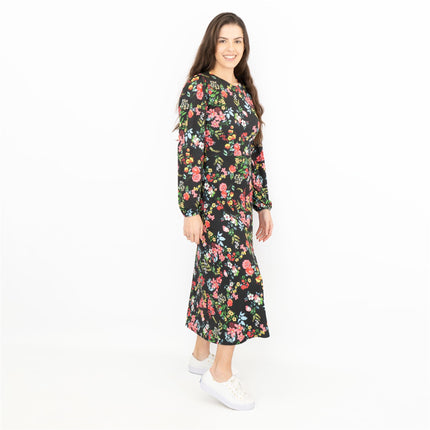 Oasis Slinky Black Jersey Floral Long Sleeve Split Midi Dress-Quality Brands Outlet-