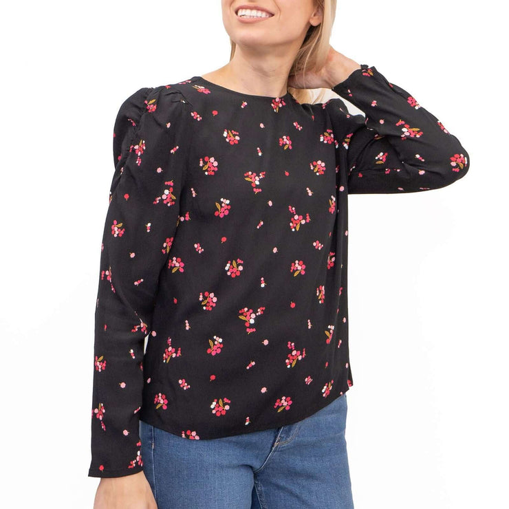 M&S Women Black Floral Long Puff Sleeve Round Neck Top