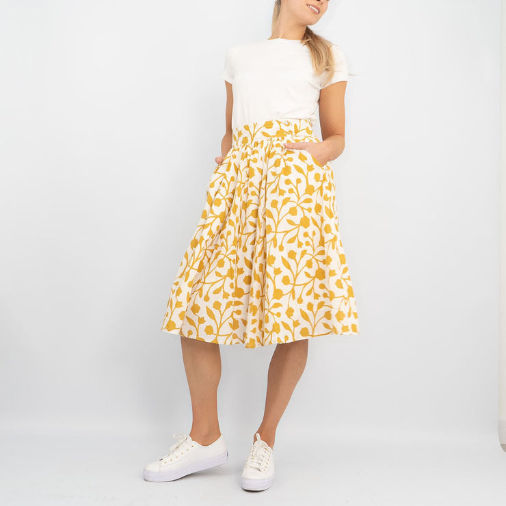 Seasalt Womens Yellow Forsythia Lightweight Cotton Summer Flare Midi Skirts with Pockets - Quality Brands Outlet