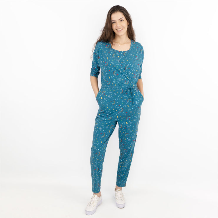 Frugi Bloom Teal Astro Print for Maternity and Nursing Short Sleeve Cross Wrap Soft Jersey Jumpsuits - Quality Brands Outlet