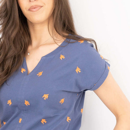 White Stuff Short Sleeve Blue Notch Neck Embroidered Cotton Jersey Tops-Quality Brands Outlet-