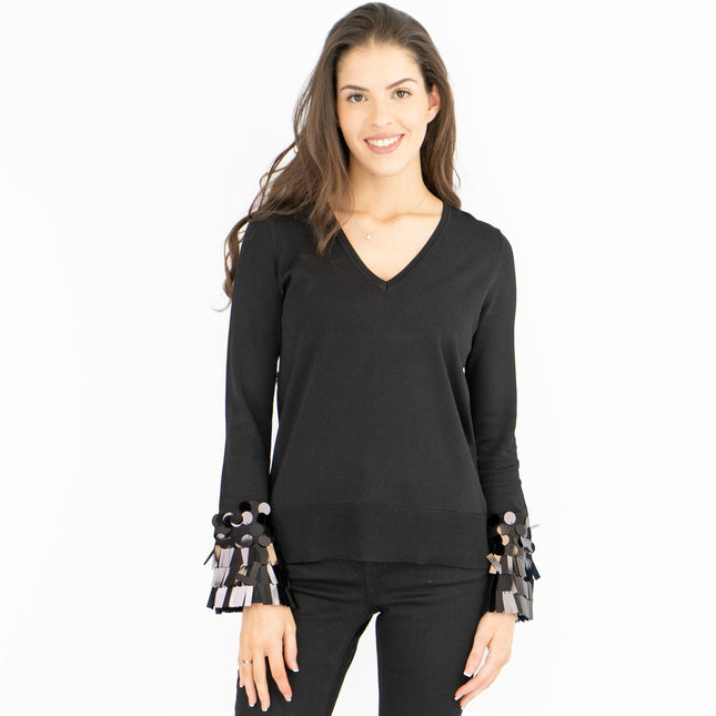M&S V-Neck Embellished Cuff Long Sleeve Black Jumper-Quality Brands Outlet-