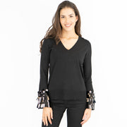 M&S V-Neck Embellished Cuff Long Sleeve Black Jumper