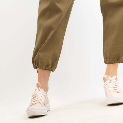 Hush Washed Khaki Green Crop Wide Leg Stretch Trousers with Pockets-Quality Brands Outlet-