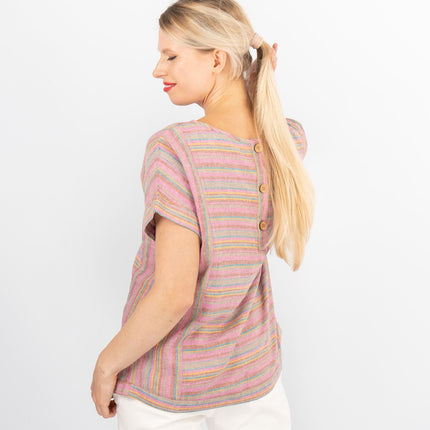 Pink Striped Short Sleeve Lightweight Linen Blend Relaxed Blouse Women's Summer Tops-Quality Brands Outlet-