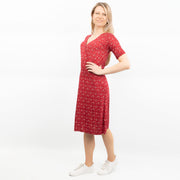 Iona Red Batik Short Sleeve V-Neck Cross Wrap Midi Dress