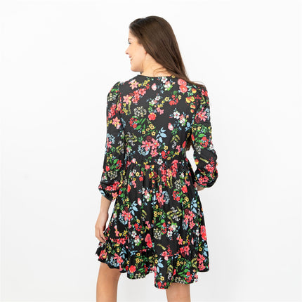 Oasis Black Floral 3/4 Sleeve Fit & Flare Swing Dress