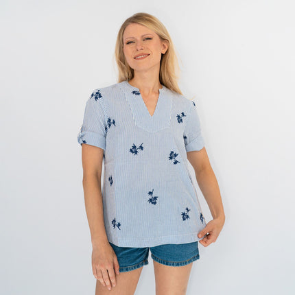 White Stuff Pure Cotton Stripe Floral Embroidered Shirts-Quality Brands Outlet-