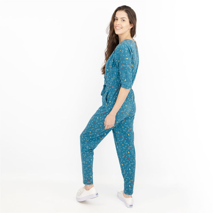 Frugi Bloom Teal Astro Print for Maternity and Nursing Short Sleeve Cross Wrap Soft Jersey Jumpsuits - Quality Brands Outlet