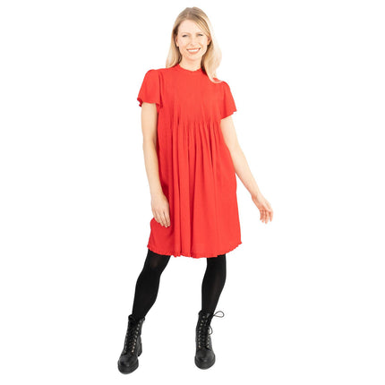 Next Textured Red Christmas Dress for Women Shirred Details Lightweight Relaxed Fit Knee Length Dress - Quality Brands Outlet