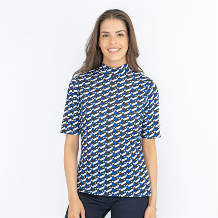 Karen Millen Blue Geometric Print High Neck Short Sleeve Tops-Quality Brands Outlet-