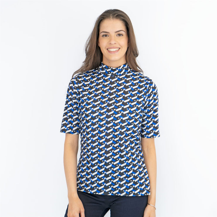 Karen Millen Blue Geometric Print High Neck Short Sleeve Tops