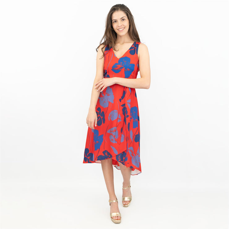 Phase Eight Sacha Red Floral Sleeveless Hi-Lo V-Neck Midi Dress - Quality Brands Outlet