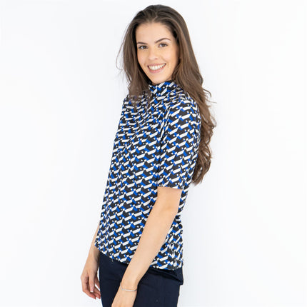Karen Millen Blue Geometric Print High Neck Short Sleeve Tops-Quality Brands Outlet-