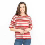 Max Mara Weekend Talea Red Striped Short Sleeve Drop Shoulder Sweat Tops with Linen