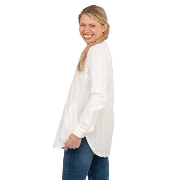 Thandie Long Sleeve White Textured Cotton Loose Tops