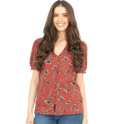 Sandra Red Pressed Flower Short Sleeve Soft Cotton Jersey Tops