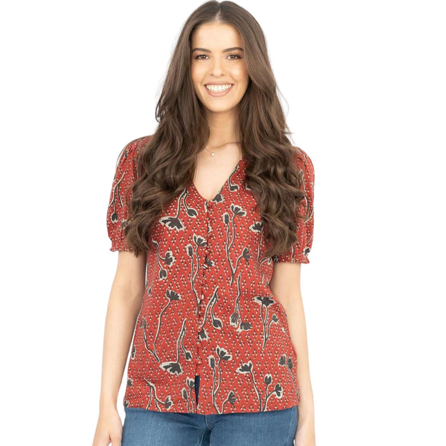Sandra Red Pressed Flower Short Sleeve Soft Cotton Jersey Tops-Quality Brands Outlet-