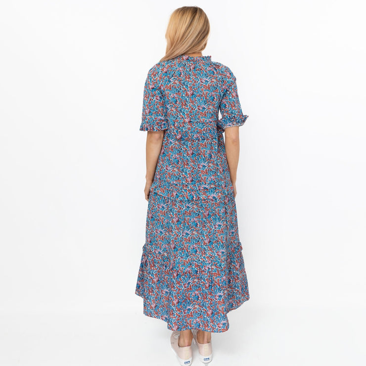 Joules Blue Floral Lia Midi Tiered Dress Short Sleeve Lightweight - Quality Brands Outlet