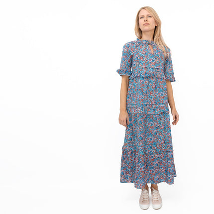 Joules Blue Floral Lia Midi Tiered Dress Short Sleeve Lightweight - Quality Brands Outlet